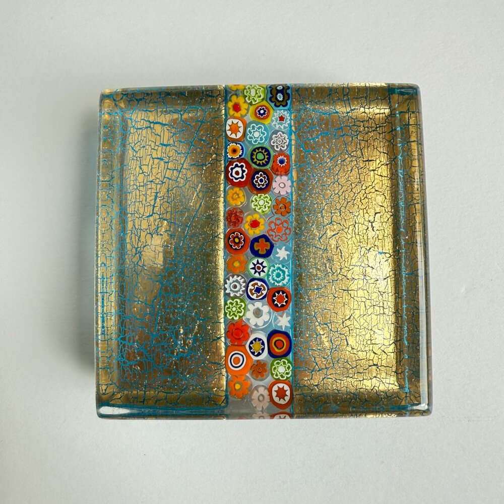 Vintage Murano Millefiori 22k Gold Leaf Square Paperweight
